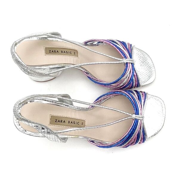 Zara Silver Metallic Block Heel Strappy Sandal Colorful Disco Shoes Size 38 7.5 - Picture 3 of 16